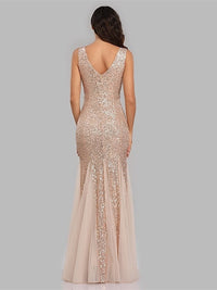Mermaid/Trumpet V-Neck Sleeveless Floor-Length Party Cocktail Dress with Sequins