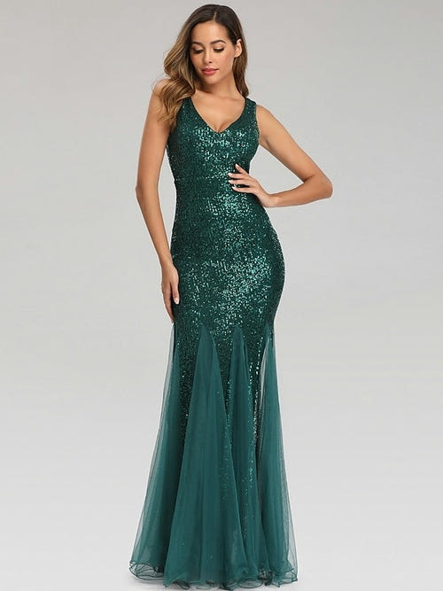 Mermaid/Trumpet V-Neck Sleeveless Floor-Length Party Cocktail Dress with Sequins