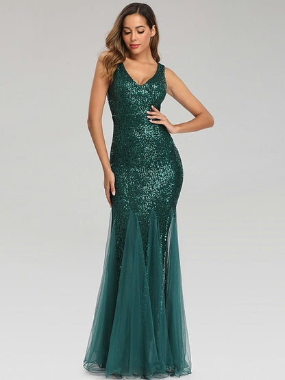 Mermaid/Trumpet V-Neck Sleeveless Floor-Length Party Cocktail Dress with Sequins