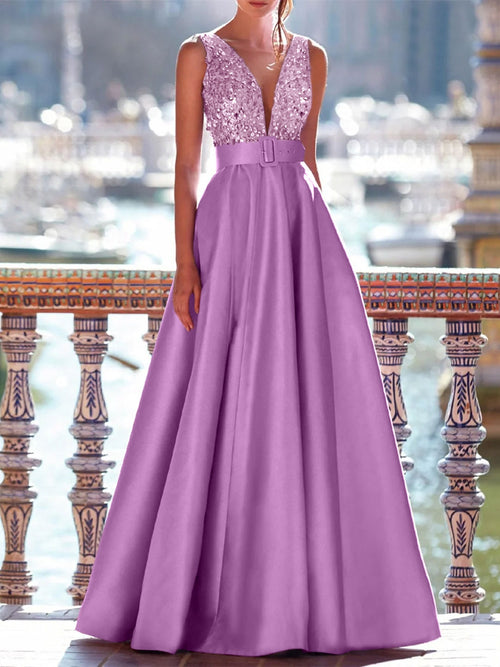 A-Line Evening Dresses Floor Length Formal Gown with Belt Sleeveless V Neck Pocket Satin with Sequins