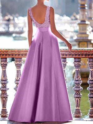 A-Line Evening Dresses Floor Length Formal Gown with Belt Sleeveless V Neck Pocket Satin with Sequins