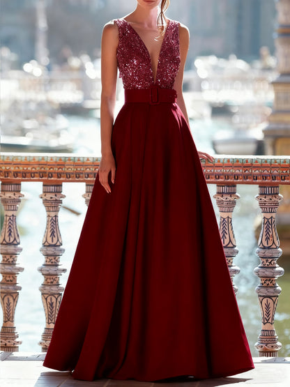 A-Line Mother Of The Bride Dress Floor Length Evening Gown with Belt Sleeveless V Neck Pocket Satin with Sequins
