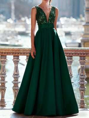 A-Line Evening Dresses Floor Length Formal Gown with Belt Sleeveless V Neck Pocket Satin with Sequins