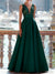 A-Line Evening Dresses Floor Length Formal Gown with Belt Sleeveless V Neck Pocket Satin with Sequins