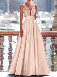 A-Line Evening Dresses Floor Length Formal Gown with Belt Sleeveless V Neck Pocket Satin with Sequins