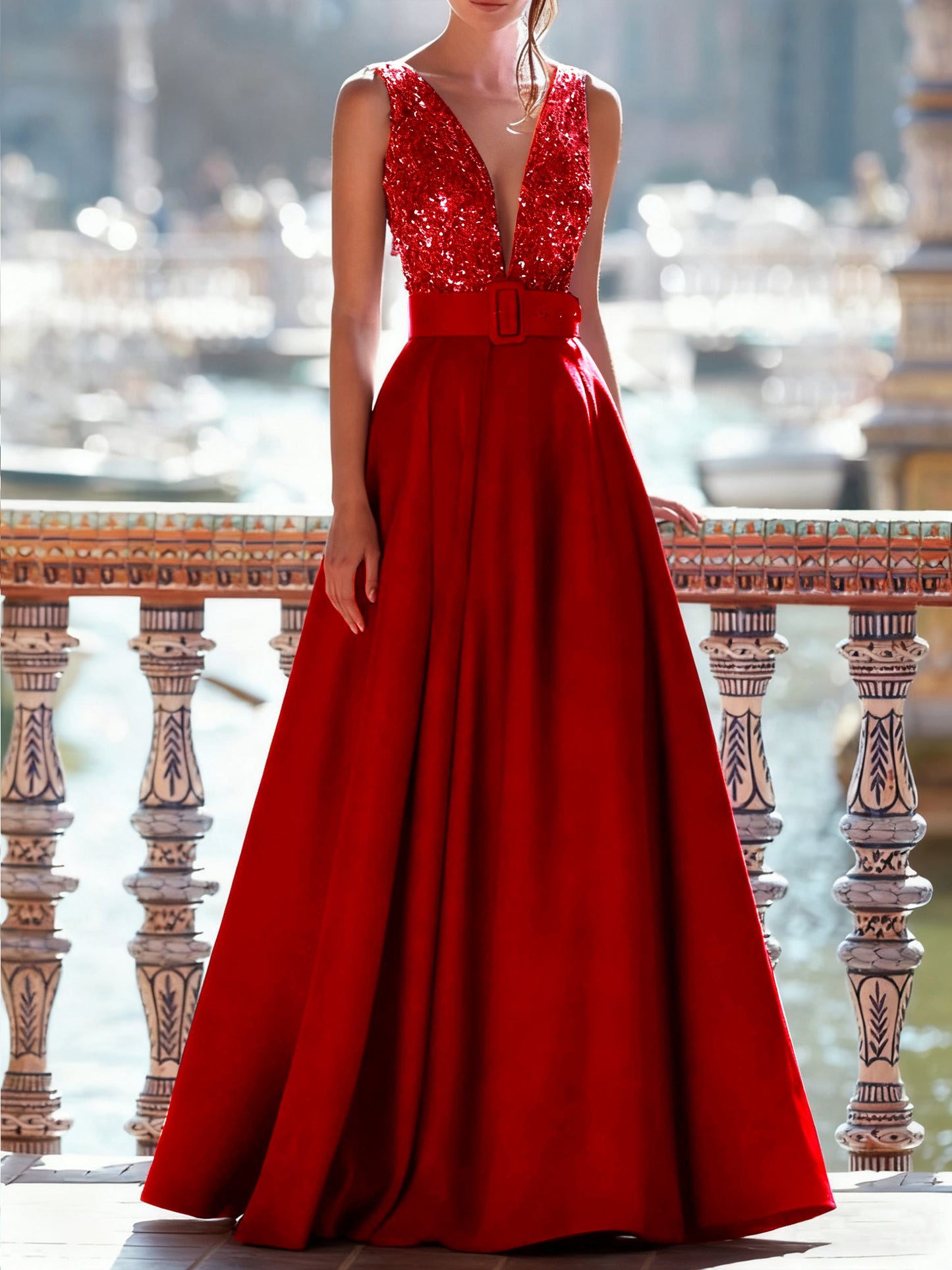 A-Line Mother Of The Bride Dress Floor Length Evening Gown with Belt Sleeveless V Neck Pocket Satin with Sequins