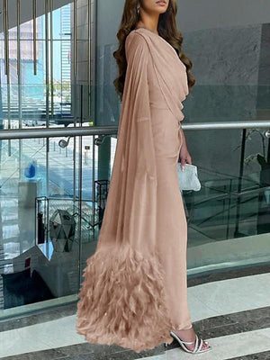Sheath/Column Evening Dress Floor Length Sleeveless Cowl Neck Chiffon with Feather Cape Ruched Slit