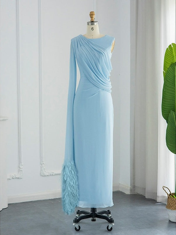 Sheath/Column Evening Dress Floor Length Sleeveless Cowl Neck Chiffon with Feather Cape Ruched Slit