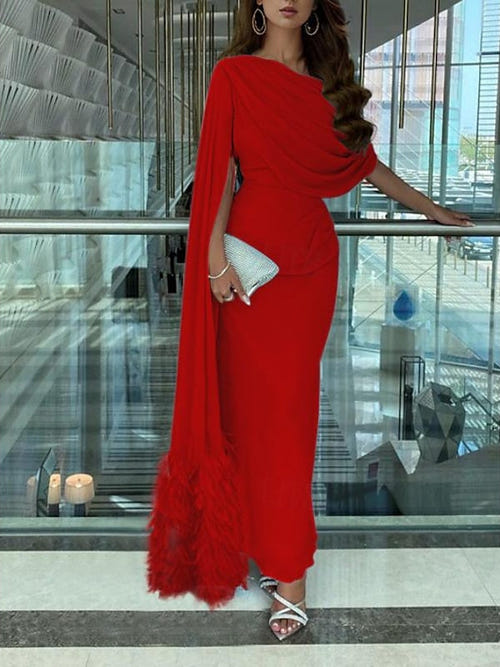 Sheath/Column Evening Dress Floor Length Sleeveless Cowl Neck Chiffon with Feather Cape Ruched Slit