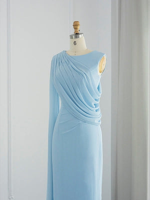 Sheath/Column Evening Dress Floor Length Sleeveless Cowl Neck Chiffon with Feather Cape Ruched Slit