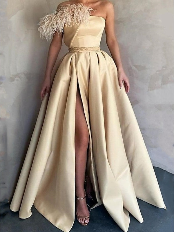 A-Line Evening Dress Gala Floor Length Sleeveless One Shoulder Satin with Feather Slit