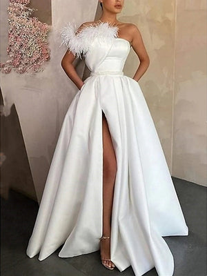 A-Line Evening Dress Gala Floor Length Sleeveless One Shoulder Satin with Feather Slit