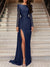 A-Line/Princess Evening Dress Sweep/Brush Train Long Sleeve Jewel Neck Formal Dress Satin with Ruched Slit