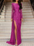 A-Line/Princess Evening Dress Sweep/Brush Train Long Sleeve Jewel Neck Formal Dress Satin with Ruched Slit