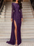 A-Line/Princess Evening Dress Sweep/Brush Train Long Sleeve Jewel Neck Formal Dress Satin with Ruched Slit