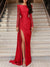 A-Line/Princess Evening Dress Sweep/Brush Train Long Sleeve Jewel Neck Formal Dress Satin with Ruched Slit