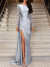 A-Line/Princess Evening Dress Sweep/Brush Train Long Sleeve Jewel Neck Formal Dress Satin with Ruched Slit