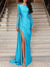 A-Line/Princess Evening Dress Sweep/Brush Train Long Sleeve Jewel Neck Formal Dress Satin with Ruched Slit