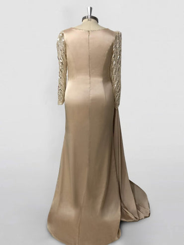 A-Line/Princess Sweep/Brush Train Long Sleeve Jewel Neck Prom Dress Satin with Ruched Slit