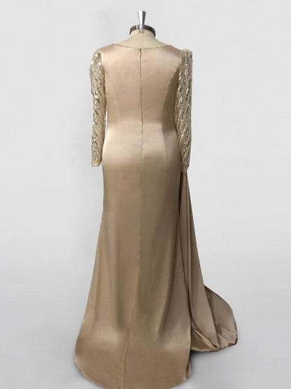 A-Line/Princess Sweep/Brush Train Long Sleeve Jewel Neck Prom Dress Satin with Ruched Slit