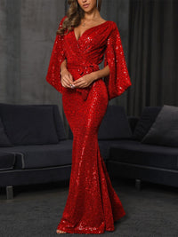 Mermaid  Floor Length Long Sleeve V Neck Prom Dress Sequined with Bow(s) Sequin