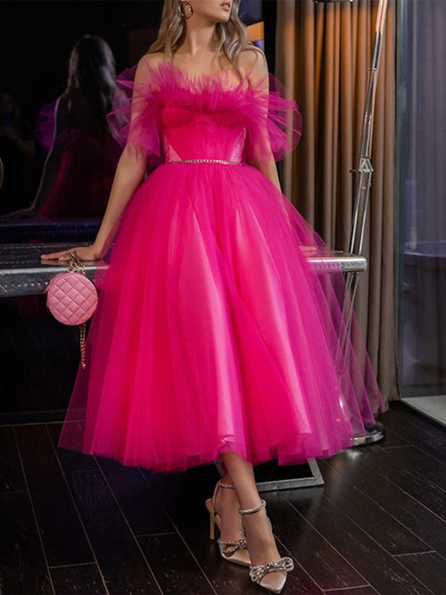 A-Line Cocktail Dress Tea Length Sleeveless Strapless Tulle Prom Dress Organza with Pleats