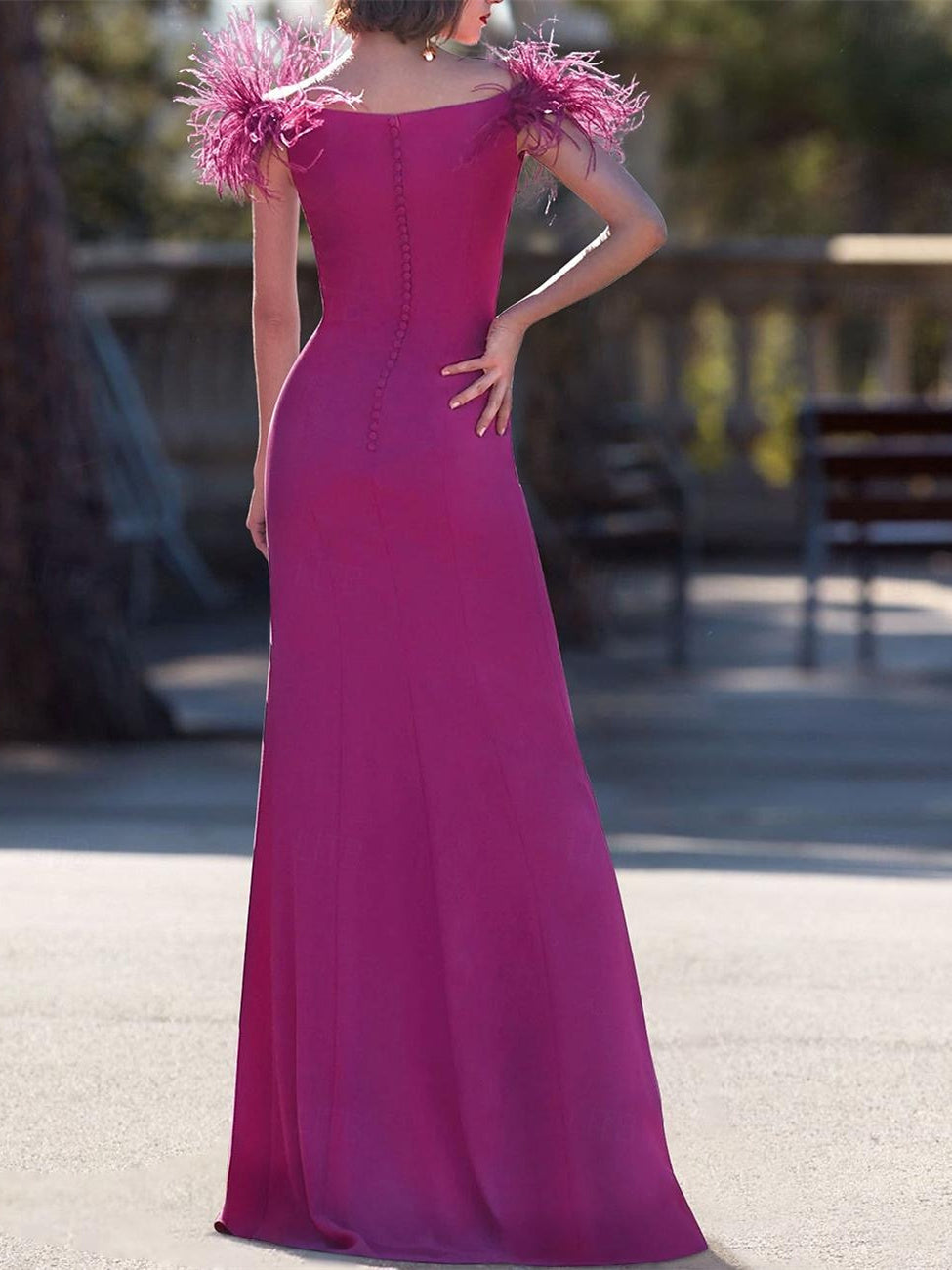 Column Floor Length Sleeveless V Neck Evening Dress Stretch Crepe With Feather