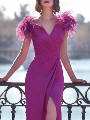 Column Floor Length Sleeveless V Neck Evening Dress Stretch Crepe With Feather