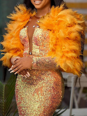 Mermaid/Trumpet Feather Evening Dress Floor Length Long Sleeve V Neck Formal Dress Sparkle & Shine Dress Sequined