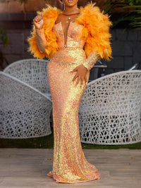 Mermaid/Trumpet Feather Evening Dress Floor Length Long Sleeve V Neck Formal Dress Sparkle & Shine Dress Sequined