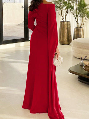 Trumpet/Mermaid Evening Dresses Floor Length Long Sleeves Silk Like Satin Mother Of The Bride Dress Christmas Party Dress