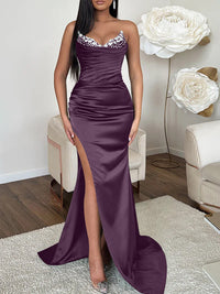 Sheath/Column V-neck Sleeveless Sweep Train High Split Evening Dresses
