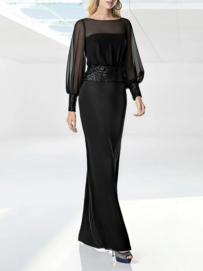 Sheath/Column Mother Of The Bride Dresses Round Neck Long Sleeves Floor length Formal Evening Dresses With Sequins Belt