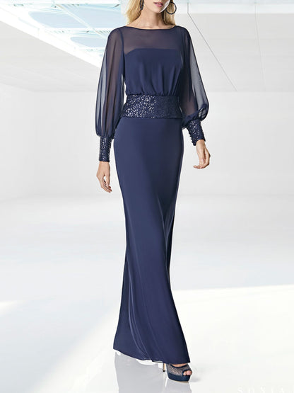 Sheath/Column Mother Of The Bride Dresses Round Neck Long Sleeves Floor length Formal Evening Dresses With Sequins Belt