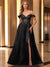 A-Line/Princess Off-the-shoulder Sleeveless Black Tulle Evening Dress with Split Side & Sequins