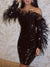 Mermaid Off-the-Shoulder Cocktail Dresses Sparkling Party Dress Long Sleeve Knee-Length Sequin Feather Black Dress