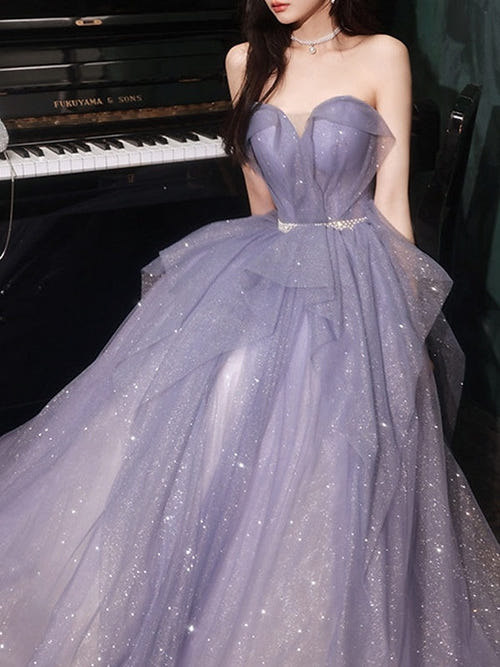 A-Line/Princess Long Prom Dress Tulle Sweetheart Sleeveless Floor-Length Elegant Evening Dresses With Sequins