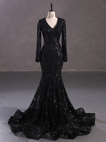 Trumpet/Mermaid V-Neck Long Sleeves Floor-Length Evening Dresses with Sequin