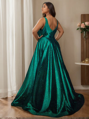 A-Line/Princess Prom Dress V-Neck Sleeveless Floor-Length Evening Dresses with Split Side