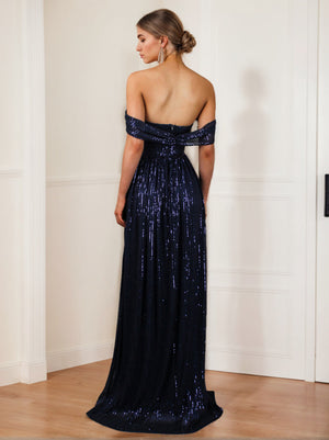 Empire Strapless Sleeveless Floor-Length Long Prom Evening Dress with Sequins & Split Side