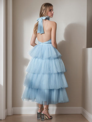 A-Line/Princess Cocktail Dress Halter Neck Sleeveless Tea-Length Prom Dresses with Lace