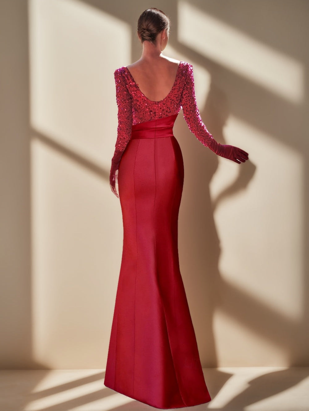 Sheath/Column Jewel Neck Long Sleeves Asymmetrical Evening Dress with Split Slit & Ruffles