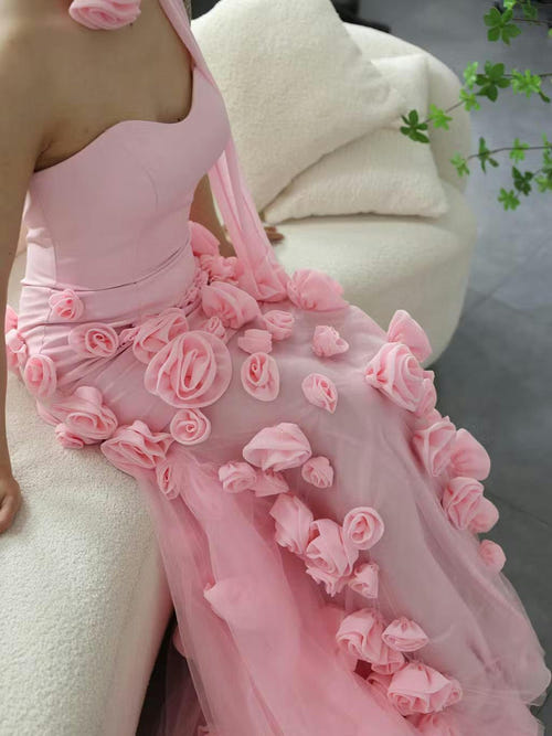 高开衩3D花卉抹胸无袖拖地鱼尾/喇叭形舞会礼服