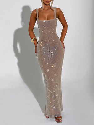 Sparkling Cocktail Dress Mermaid Birthday Dress Floor-Length Square Neck Party Dress With Opened Back Christmas