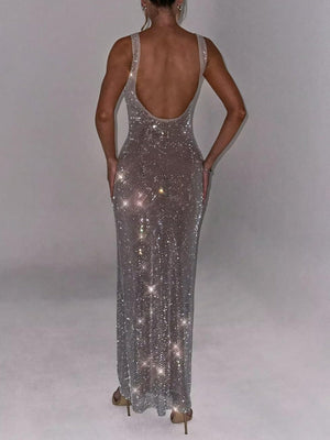 Sparkling Cocktail Dress Mermaid Birthday Dress Floor-Length Square Neck Party Dress With Opened Back Christmas