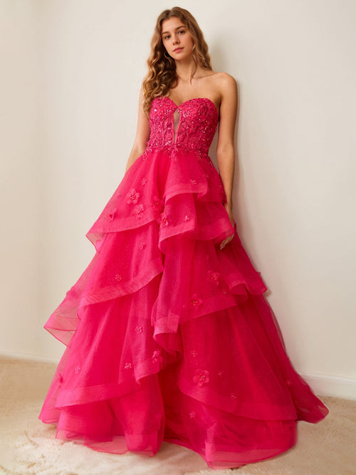 A-Line Strapless Sleeveless Luxurious Pleated Prom Dresses with Beadings & Ruffles & Appliques