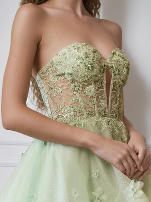 A-Line Strapless Sleeveless Luxurious Pleated Prom Dresses with Beadings & Ruffles & Appliques