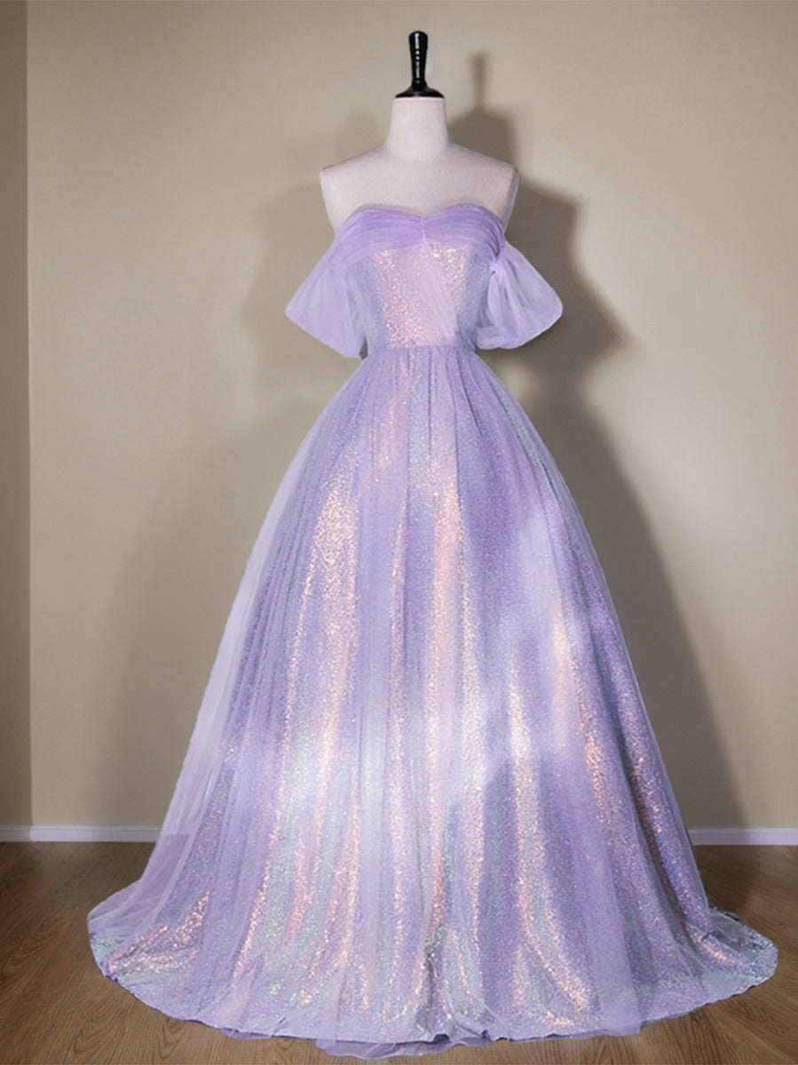 Shining A-Line/Princess Off-the-Shoulder Floor Length Elegant Prom Dresses with Ruffles