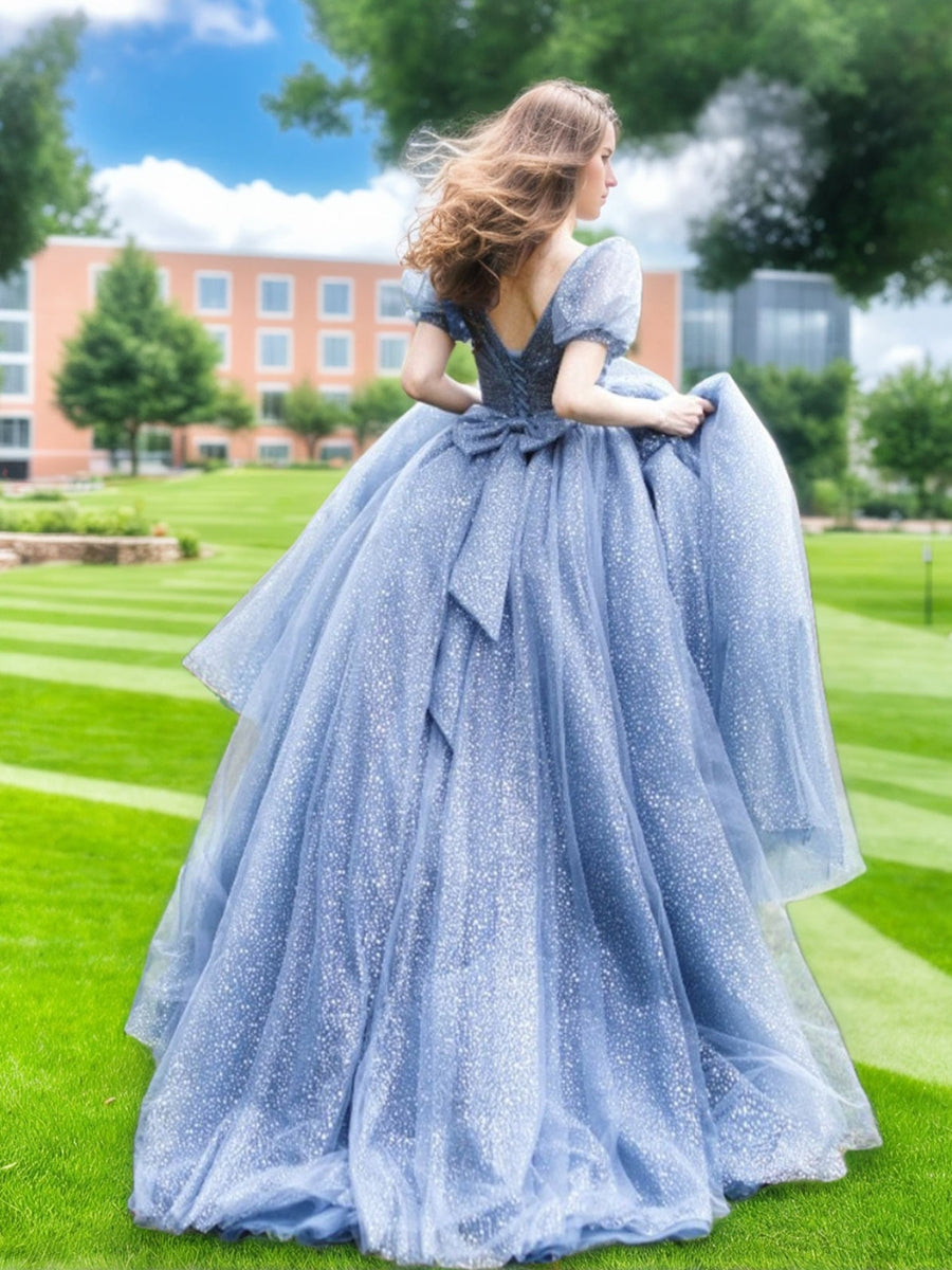 A-Line/Princess V-Neck Short Sleeves Floor Length Elegant Prom Dresses with Bow Belt