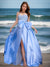A-Line Spaghetti Straps Sleeveless Elegant Prom Dresses with Bow & High Split & Rhinestone